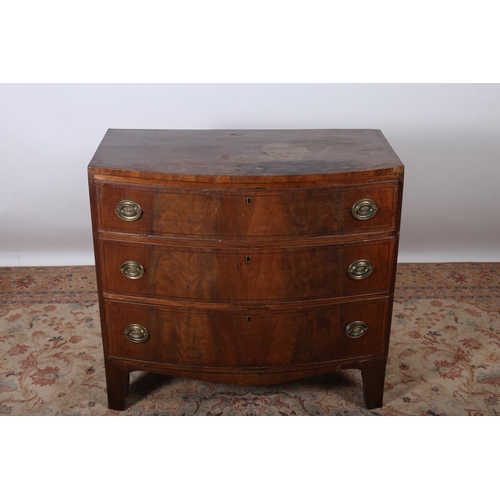 91 - A GEORGIAN MAHOGANY CHEST of demilune outline the shaped top above three long graduated drawers on b... 