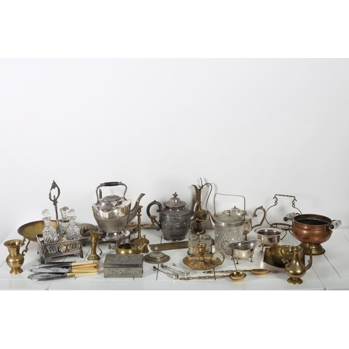 119 - A COLLECTION OF PLATED WARE to include cruet set condiments biscuit jar teapots copperware brassware... 