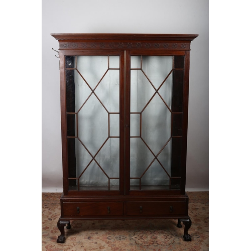 13 - A GEORGIAN DESIGN MAHOGANY DISPLAY CABINET the dentil moulded cornice above a pair of astragal glaze... 