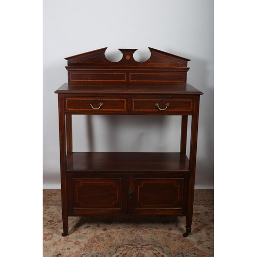 15 - AN EDWARDIAN MAHOGANY AND SATINWOOD INLAID SIDE TABLE of rectangular outline the architectural back ... 