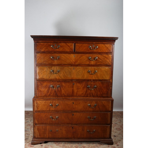 17 - A GEORGIAN MAHOGANY SECRETAIRE CHEST ON CHEST the dentil moulded cornice above two short and three l... 