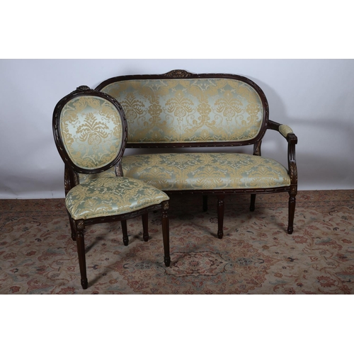 25 - A TWO PIECE CONTINENTAL MAHOGANY AND PARCEL GILT DRAWING ROOM SUITE comprising two seater settee wit... 