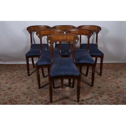 30 - A SET OF SIX REGENCY MAHOGANY DINING CHAIRS each with a curved top rail above an upholstered drop in... 