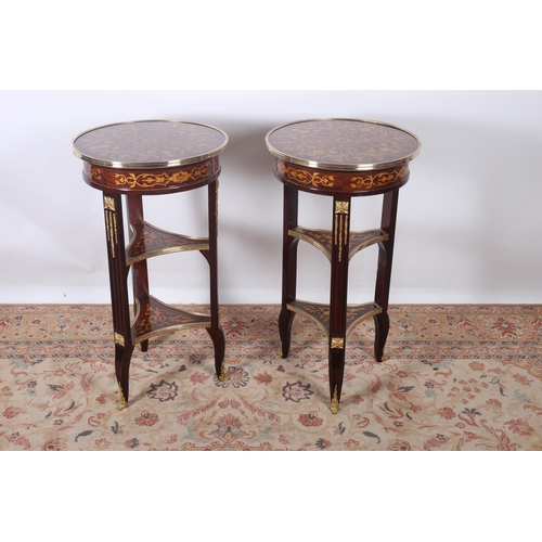 53 - A PAIR OF CONTINENTAL KINGWOOD MARQUETRY AND GILT BRASS MOUNTED TABLES each of circular outline the ... 