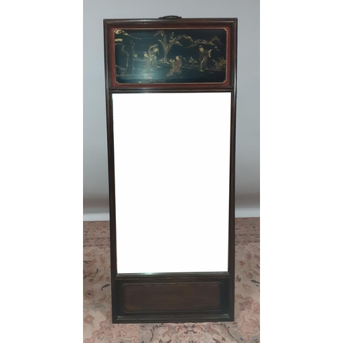 56 - AN ORIENTAL HARDWOOD AND LACQUERED MIRROR the rectangular bevelled plate with japanned panels depict... 