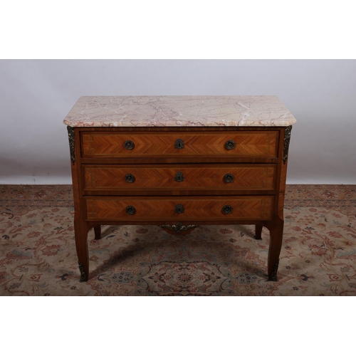 59 - A FRENCH KINGWOOD AND GILT BRASS MOUNTED CHEST surmounted by a veined marble top above three long gr... 