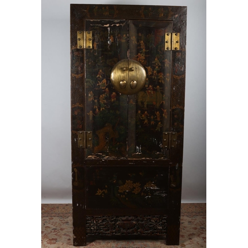 60 - A POLYCHROME AND LACQUERED SIDE CABINET decorated with figures flowerheads foliage and animals with ... 