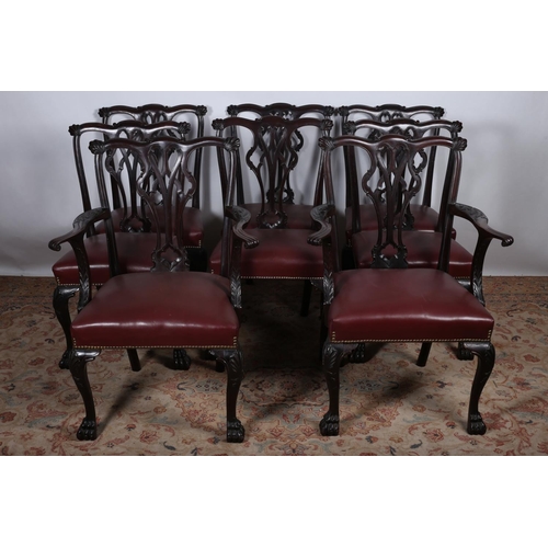 65 - A NINE PIECE CHIPPENDALE DESIGN MAHOGANY DINING ROOM SUITE comprising eight chairs including a pair ... 