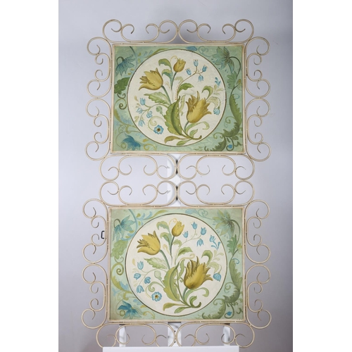 687 - A PAIR OF STILL LIFE PAINTINGS in wrought iron scroll frames 74cm x 85cm together with a pair of sil... 