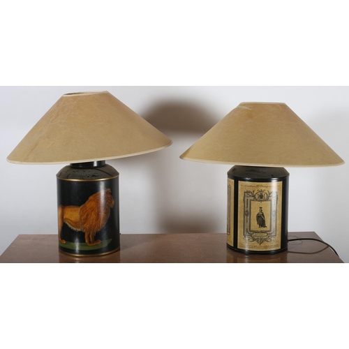 690 - TWO TOLEWARE TABLE LAMPS with shades together with a pair of composition and polychrome table lamps ... 