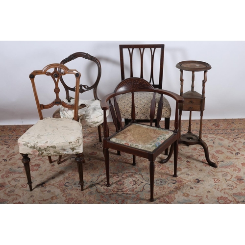 693 - A GEORGIAN MAHOGANY FORK BACK DINING CHAIR together with an Edwardian inlaid corner chair a Victoria... 