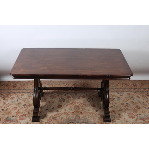 82 - A GOOD 19TH CENTURY ROSEWOOD CENTRE TABLE of rectangular outline on standard end supports and platfo... 