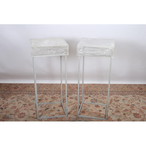 834 - A PAIR OF CONTINENTAL WHITE METAL TABLES EACH OF SQUARE OUTLINE with Perspex tops on moulded legs jo... 