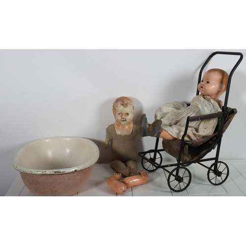 837 - TWO VINTAGE DOLLS together with a vintage wrought iron folding child's toy stroller etc (3)