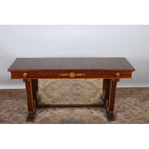 839 - A VINTAGE MAHOGANY AND SATIN BIRCH DRESSING TABLE OF RECTANGULAR OUTLINE with hinged compartment con... 