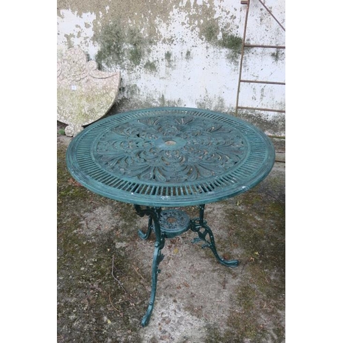 856 - AN ALUMINIUM GREEN PAINTED GARDEN TABLE of circular outline with foliate pierced top raised on scrol... 