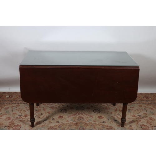 95 - A 19TH CENTURY MAHOGANY DROP LEAF TABLE the rectangular hinged top raised on ring turned legs 74cm (... 