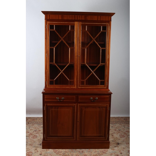 408 - A GEORGIAN DESIGN MAHOGANY AND SATINWOOD INLAID DISPLAY CABINET the moulded cornice above a pair of ... 