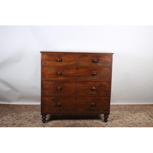 63 - A 19TH CENTURY MAHOGANY CHEST of two short and three long graduated drawers on turned legs 
117cm (h... 