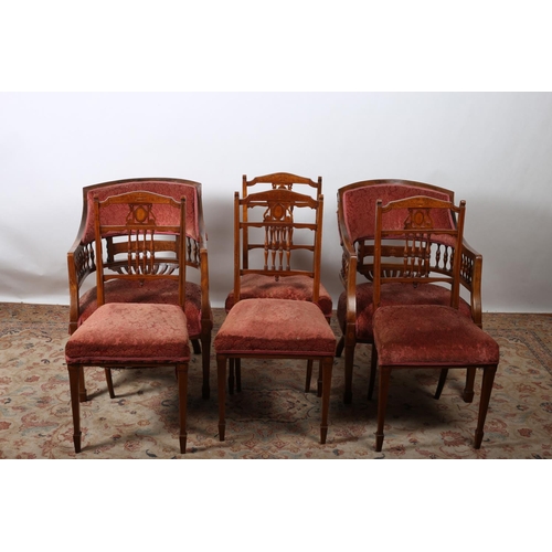 69 - A SIX PIECE EDWARDIAN ROSEWOOD AND SATINWOOD INLAID DRAWING ROOM SUITE comprising a pair of tub shap... 