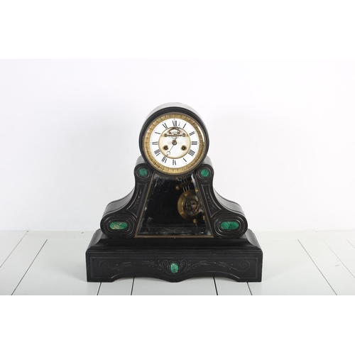 85 - A 19TH CENTURY BLACK SLATE AND MALACHITE MANTLE CLOCK the shaped case with enamel dial and Roman num... 