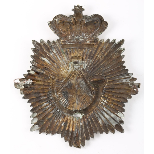 253 - Light Company shako plate. A brass, Light Company of Infantry, bell-top shako plate, centred by a bu... 