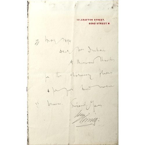 630 - 1894 (May 3) letter written by Bram Stoker on behalf of, and signed by Henry Irving, The letter on n... 