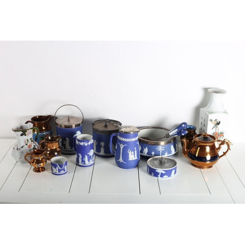 132 - A COLLECTION OF CHINA to include a Mason's ironstone jug, eight pieces of jasperware, three lustre j... 