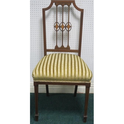 163 - A VINTAGE MAHOGANY AND SATINWOOD INLAID OCCASIONAL CHAIR the shaped top rail with pierced vertical s... 