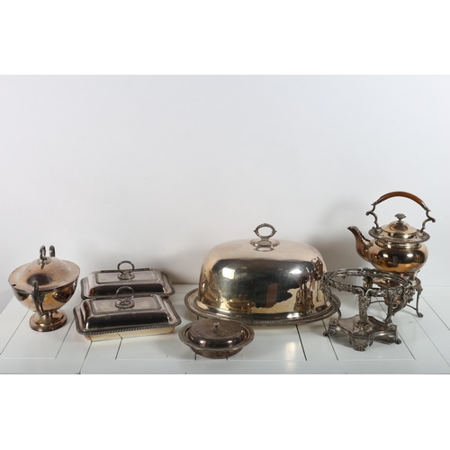 389 - A COLLECTION OF PLATED WARE to include a spirit kettle on stand, a pair of entree dishes, an oval Ad... 