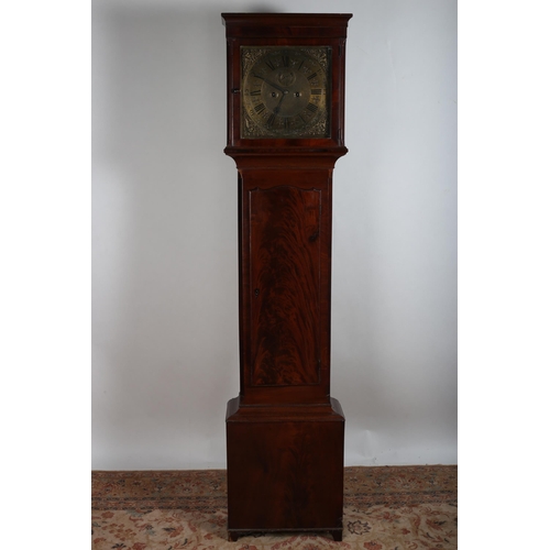 401 - A GEORGIAN MAHOGANY LONG CASE CLOCK the square moulded hood containing a brass engraved dial with pi... 