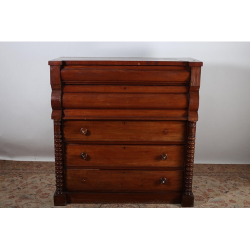 402 - A VICTORIAN MAHOGANY SCOTCH CHEST of rectangular breakfront outline the shaped top above an arrangem... 