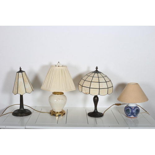 617 - A MISCELLANEOUS COLLECTION to include four table lamps, a pair of brass shelves, decanters, etc.