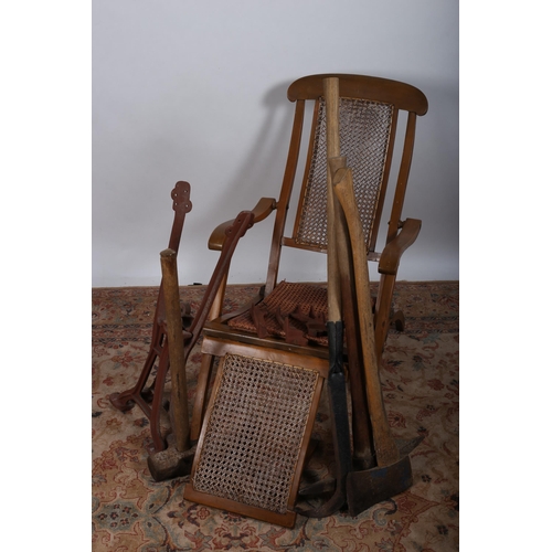 618 - A MISCELLANEOUS COLLECTION to include a pair of wrought iron bench ends, satin birch and caned foldi... 