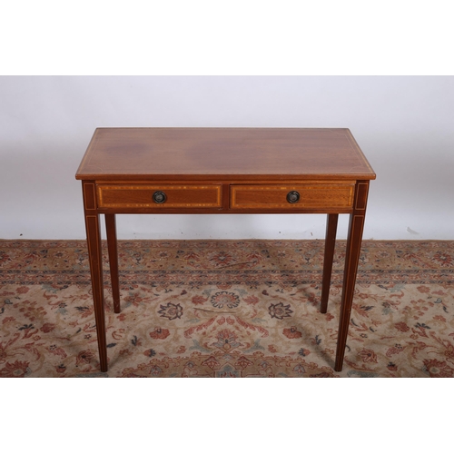 621 - A SHERATON DESIGN MAHOGANY AND SATINWOOD INLAID SIDE TABLE of rectangular outline with two frieze dr... 