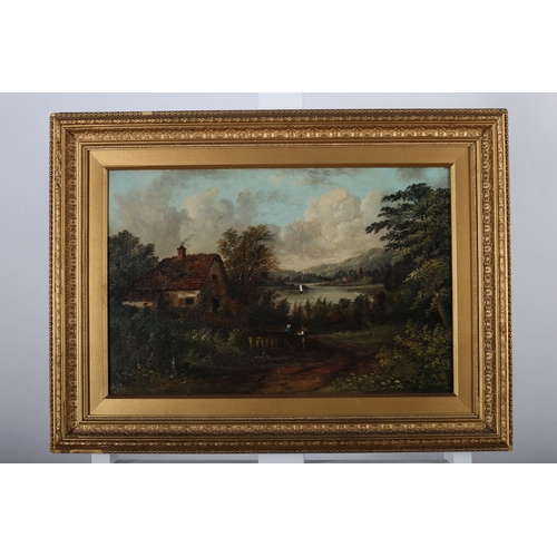 624 - A G BLAKE (1883) MOUNTAIN LANDSCAPE WITH RIVER COTTAGE AND FIGURES Oil on canvas signed lower left d... 