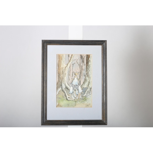 630 - N PEPPARD WOODED LANDSCAPE WITH ELF SEATED ON A MUSHROOM A watercolour signed lower right 21cm x 14c... 