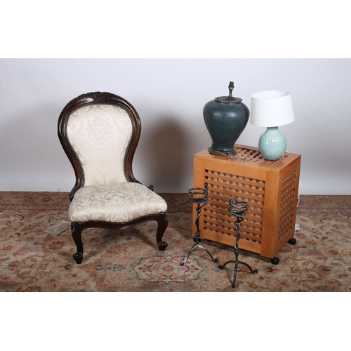 635 - A 19TH CENTURY CARVED MAHOGANY AND UPHOLSTERED LADIES CHAIR on cabriole legs together with a pair of... 