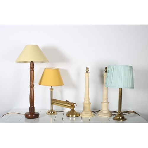 643 - A PAIR OF MARBLIZED TABLE LAMPS together with a pair of brass table lamps with reeded columns, a bra... 