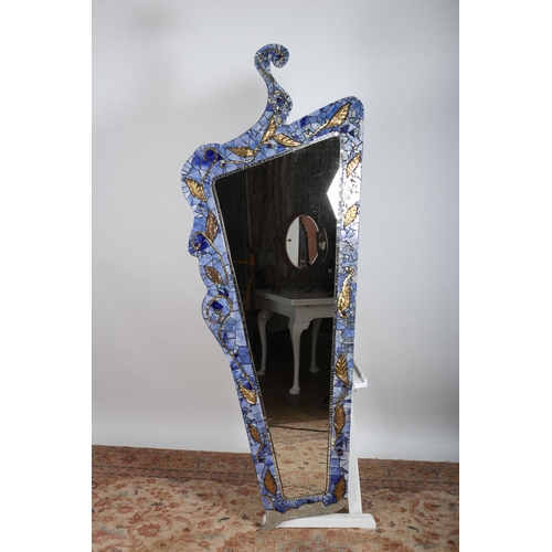 645 - A BLUE MOSAIC AND GILT DESIGNER MIRROR of irregular outline (AF)
206cm (h) x 82cm (w)