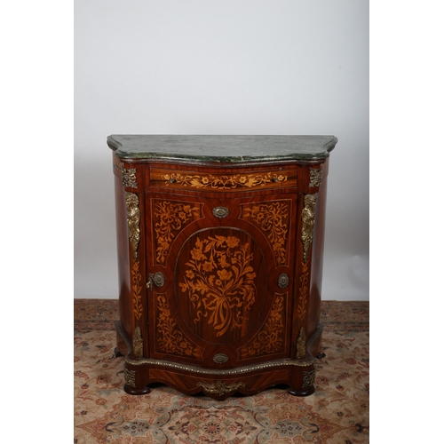179 - A CONTINENTAL KINGWOOD MARQUETRY AND GILT BRASS MOUNTED SIDE CABINET of serpentine outline surmounte... 