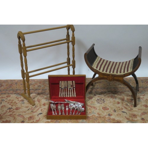 653 - A KINGS PATTERN CANTEEN OF CUTLERY Together with a Towel Rail and a Mahogany Inlaid Stool together w... 