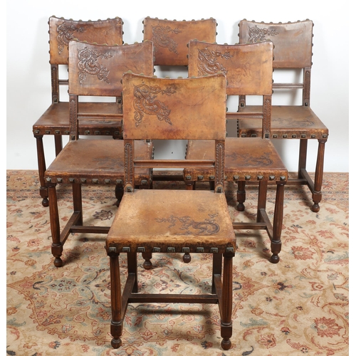 137 - Michael Collins' wedding gift to his sister. A set of six Arts and Crafts mahogany and tooled-leathe... 