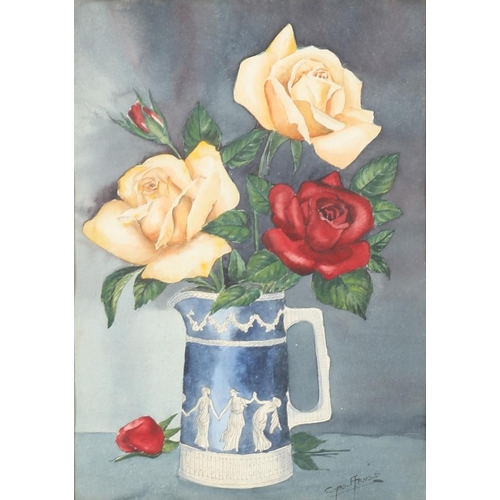 167 - Belleek Pottery association, Cyril Arnold (20thC Irish), Still life of roses in a blue parian ware j... 