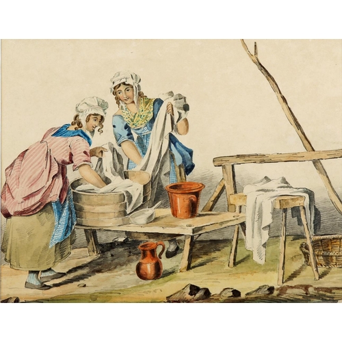 38 - 19th century pencil and watercolour studies of stone masons and laundresses at work, a pair, 9