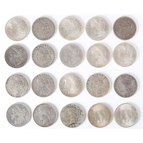 426 - United States Dollar coins. Sixteen Morgan Dollars, 1879 VF; 1880 s UNC; 1882 s, aU; 1883 o aU; 1884... 