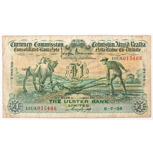 430 - Banknote. Currency Commission Consolidated Banknote 'Ploughman' Ulster Bank One Pound, 6-7-38, 11UA0... 