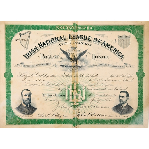 45 - Irish National League of America Anti-Coercion 1888 (Jan 3) Fund Certificate acknowledging the recei... 