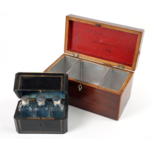 463 - A 19th century brass-inlaid ebony scent bottle box, the silk lined fitted interior with three white-... 