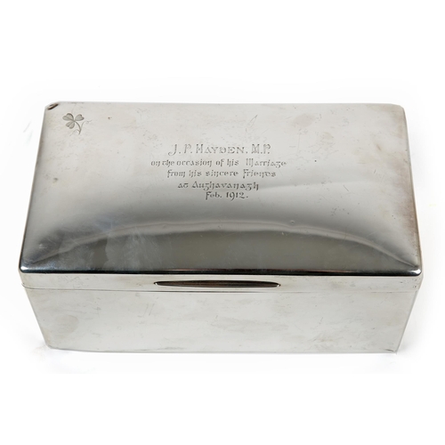 66 - John Patrick Hayden, Irish Parliamentary Party MP. A large silver cigarette box presented 